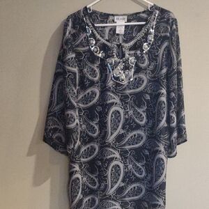 Blair Women's‎ Large Black and Gray Paisley 3/4 Sleeve Blouse